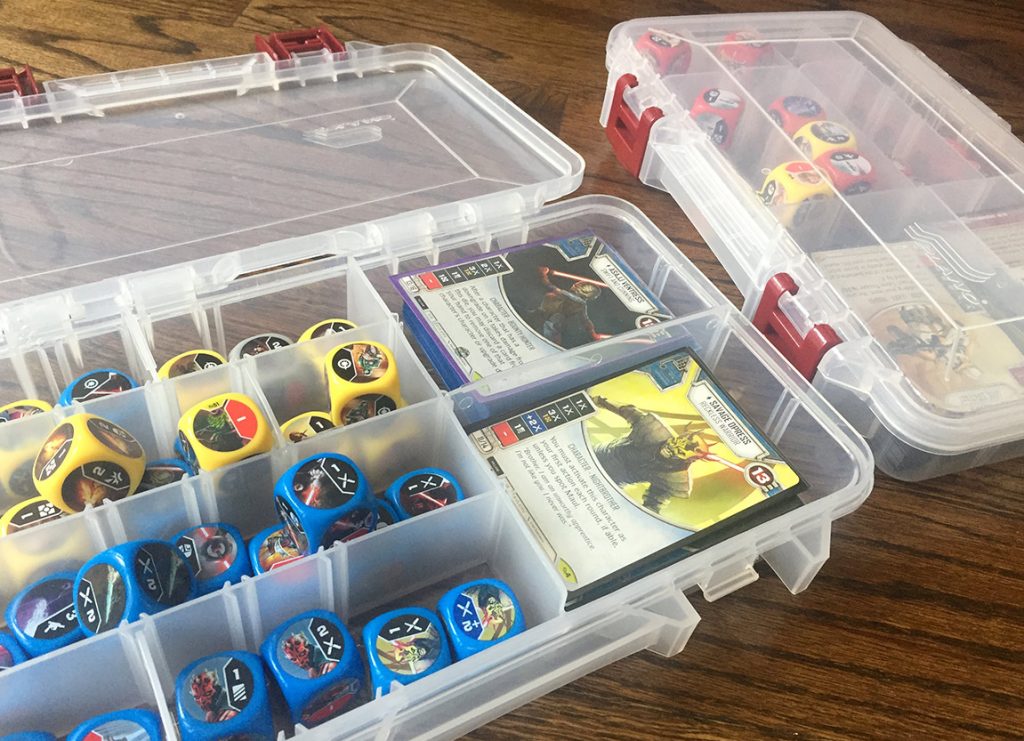 I keep my decks/dice in tackle boxes.