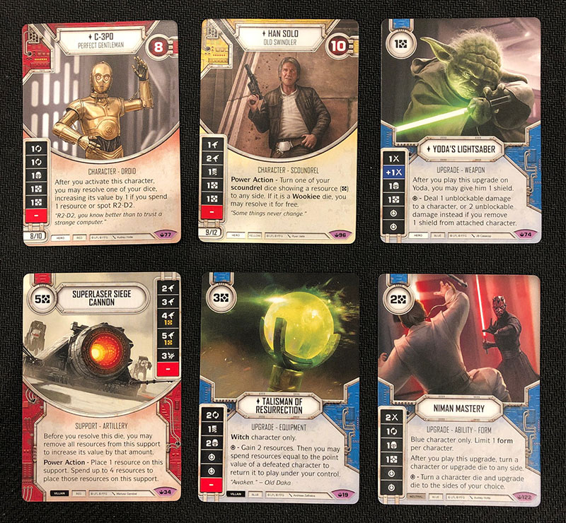 The six Spark of Hope legendaries from my box: C-3PO, Han Solo, Yoda's Lightsaber, Superlaser Siege Cannon, Talisman of Resurrection, Niman Mastery.